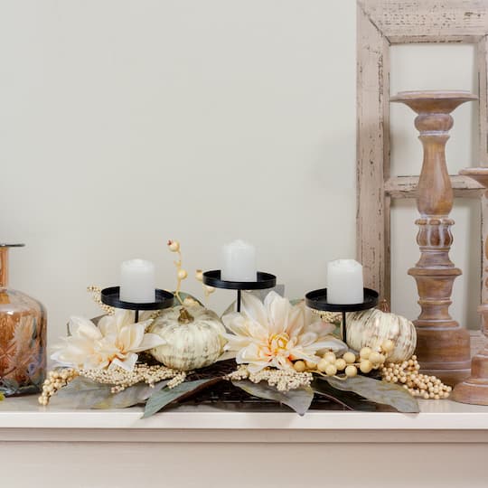 21" White Dahlia & Pumpkin Fall Triple Candle Holder